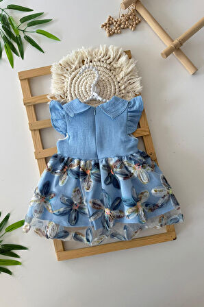 Miniğimin Cicileri Zambak Desenli Payetlı Kız Bebe Elbise - Mavi