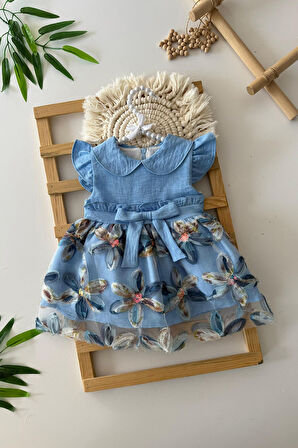 Miniğimin Cicileri Zambak Desenli Payetlı Kız Bebe Elbise - Mavi