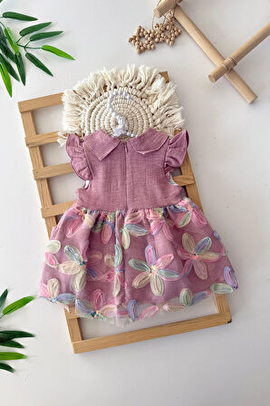 Miniğimin Cicileri Zambak Desenli Payetlı Kız Bebe Elbise - Gül Kurusu