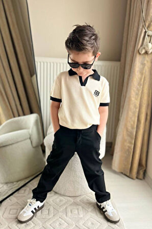 Miniğimin Cicileri Polo Yaka Erkek Çocuk Tişört ve  Pantolon 2 li Takım - Krem