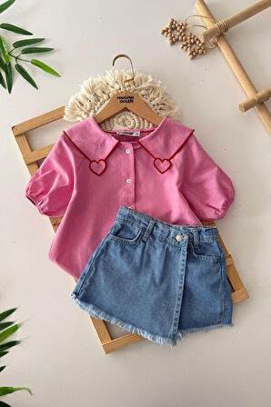 Miniğimin Cicileri Jlb Kalp Yaka Nakış Detaylı Kız Çocuk Kot Şortlu Kız Çocuk Takım - Pembe
