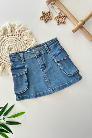 Miniğimin Cicileri Kargo Cepli Kot Kız Çocuk Etek - Açık Mavi