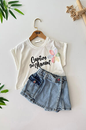Miniğimin Cicileri Zambak Detaylı Kot Şort Etekli Capture Kız Çocuk Takım - Krem
