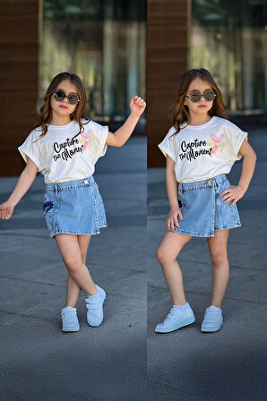 Miniğimin Cicileri Zambak Detaylı Kot Şort Etekli Capture Kız Çocuk Takım - Krem