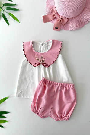 Miniğimin Cicileri Yaka Nakış Detaylo Şortlu Kız Bebe 2 li Takım - Pembe