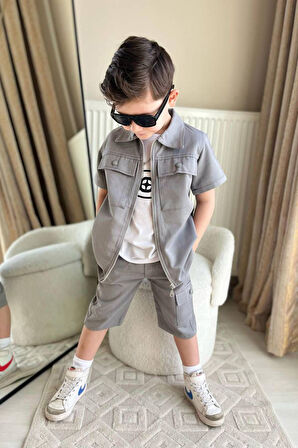 Miniğimin Cicileri Boyboy Gabardin Cepli Şortlu Erkek Çocuk 3 lü Takım - Gri