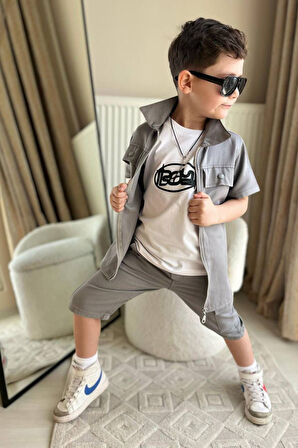 Miniğimin Cicileri Boyboy Gabardin Cepli Şortlu Erkek Çocuk 3 lü Takım - Gri