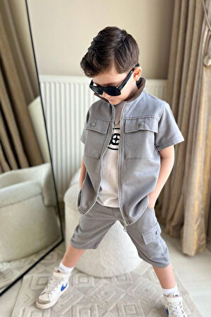 Miniğimin Cicileri Boyboy Gabardin Cepli Şortlu Erkek Çocuk 3 lü Takım - Gri