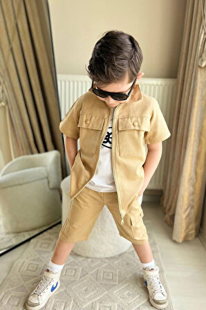 Miniğimin Cicileri Boyboy Gabardin Cepli Şortlu Erkek Çocuk 3 lü Takım - Kahve