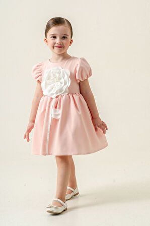 Miniğimin Cicileri Robalı Gül Desenli Kız Çocuk Kısa Kol Elbise - Somon