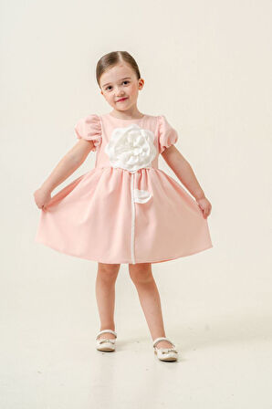 Miniğimin Cicileri Robalı Gül Desenli Kız Çocuk Kısa Kol Elbise - Somon