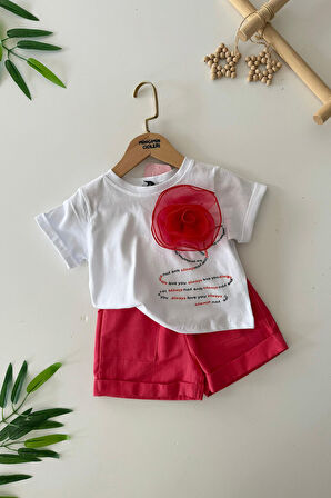 Minigimin Cicileri Gül Desenli Kız Çocuk Şortlu 2 li Takım - Kırmızı