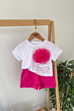 Minigimin Cicileri Gül Desenli Kız Çocuk Şortlu 2 li Takım - Fuşya