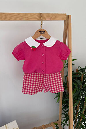 Miniğimin Cicileri Ekose Şortlu Meyve Örgü Desenli Kız Çocuk 2 li Takım - Pembe