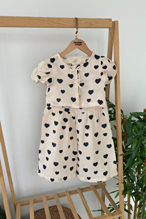 Miniğimin Cicileri Müslin Kalp Detaylı Kız Çocuk Bol Pantolonlu Yazlık Takım - Krem