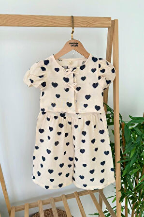 Miniğimin Cicileri Müslin Kalp Detaylı Kız Çocuk Bol Pantolonlu Yazlık Takım - Krem