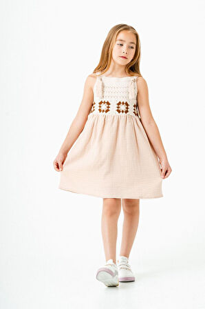 Miniğimin Cicileri Örgü Detaylı Müslin Kız Çocuk Astarlı Elbise - Krem