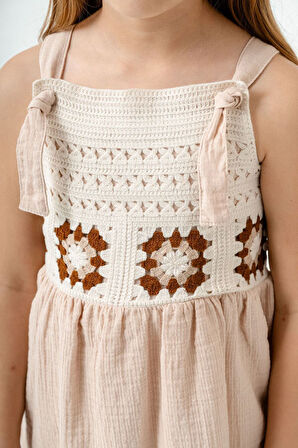 Miniğimin Cicileri Örgü Detaylı Müslin Kız Çocuk Astarlı Elbise - Krem