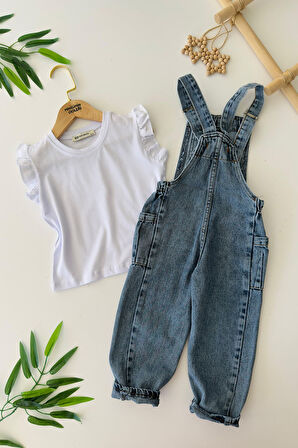 Miniğimin Cicileri Kot Salopetli Fırfır Kol Detaylı Kız Çocuk 2 li Takım - Mavi