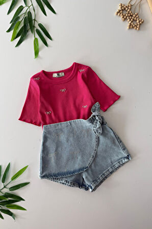 Miniğimin Cicileri Fiyonk Taş Detaylı Kot Şortetekli Kız Çocuk Takım - Pembe