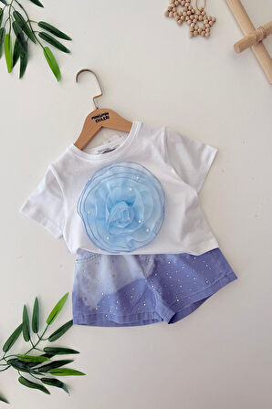 Miniğimin Cicileri Batik Gül Detaylı Taşlı Kız Çocuk Şortlu 2 li Takım - Mavi