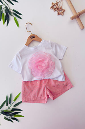 Miniğimin Cicileri Batik Gül Detaylı Taşlı Kız Çocuk Şortlu 2 li Takım - Pembe