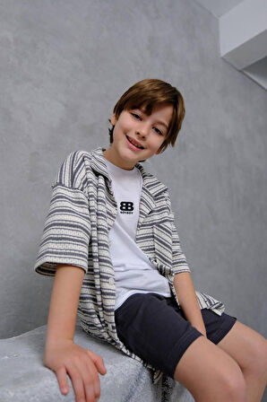 Miniğimin Cicileri BB Çizgili Hırkalı Şortlu Erkek Çocuk 3’lü Kombin - Gri