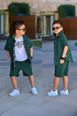 Miniğimin Cicileri Earles Baskılı Cepli Gömlekli Erkek Çocuk 3 lü Takım - Yeşil