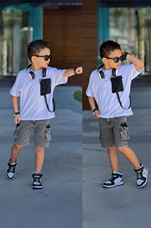 Miniğimin Cicileri Kargo Cepli Kot Şortlu Erkek Çocuk 2 li Takım - Gri