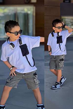 Miniğimin Cicileri Kargo Cepli Kot Şortlu Erkek Çocuk 2 li Takım - Gri