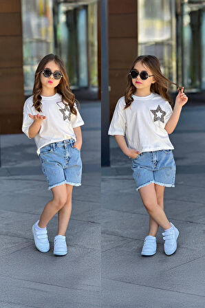 Miniğimin Cicileri Yıldız Taş Desenli Kot Şortlu Kız Çocuk Takım - Mavi