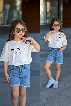 Miniğimin Cicileri To be Baskılı Kot Şortlu Kız Çocuk Takım - Mavi