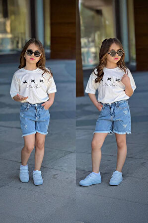 Miniğimin Cicileri To be Baskılı Kot Şortlu Kız Çocuk Takım - Mavi