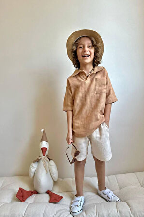 Miniğimin Cicileri Müslin Cepli Erkek Çocuk Rahat Takım - Kahve