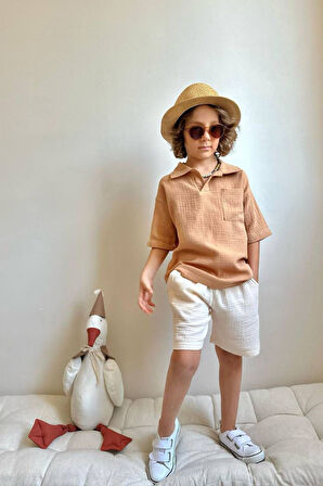 Miniğimin Cicileri Müslin Cepli Erkek Çocuk Rahat Takım - Kahve