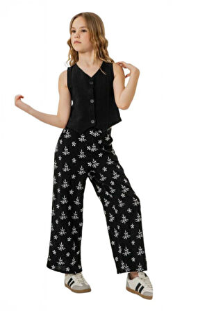 Miniğimin Cicileri Düğmeli Crop Yelekli Çiçek Desenli Kız Çocuk Pantolon Takım - Siyah