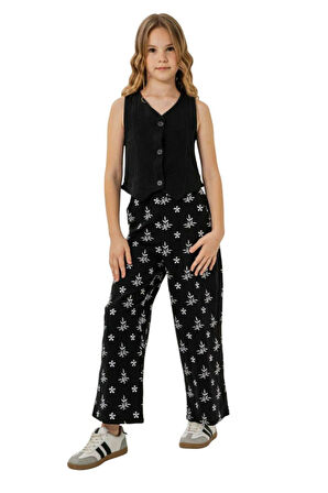 Miniğimin Cicileri Düğmeli Crop Yelekli Çiçek Desenli Kız Çocuk Pantolon Takım - Siyah