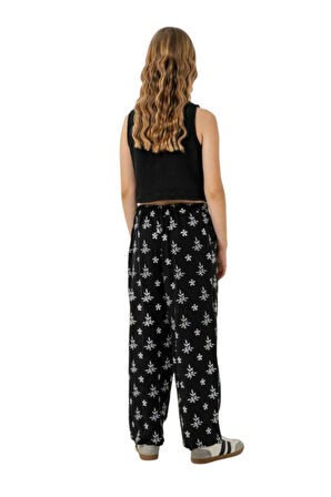 Miniğimin Cicileri Düğmeli Crop Yelekli Çiçek Desenli Kız Çocuk Pantolon Takım - Siyah