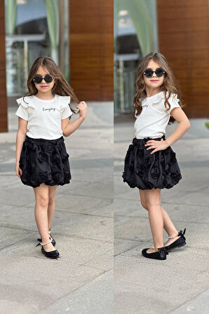 Miniğimin Cicileri 3 Boyutlu Gül Desenli Etekli Kız Çocuk Takım - Siyah