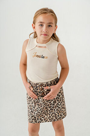 Miniğimin Cicileri Leopar Etekli Yaka Detaylı Kız Çocuk 2 li Takım - Krem