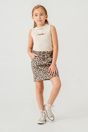 Miniğimin Cicileri Leopar Etekli Yaka Detaylı Kız Çocuk 2 li Takım - Krem