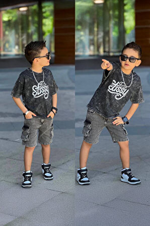 Miniğimin Cicileri Stissy Baskılı Süprem Kot Şortlu Erkek Çocuk Takım - Antrasit