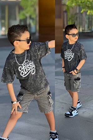 Miniğimin Cicileri Stissy Baskılı Süprem Kot Şortlu Erkek Çocuk Takım - Antrasit