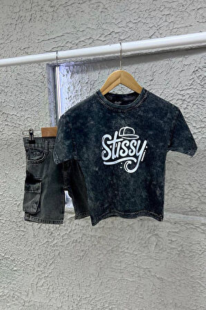 Miniğimin Cicileri Stissy Baskılı Süprem Kot Şortlu Erkek Çocuk Takım - Antrasit
