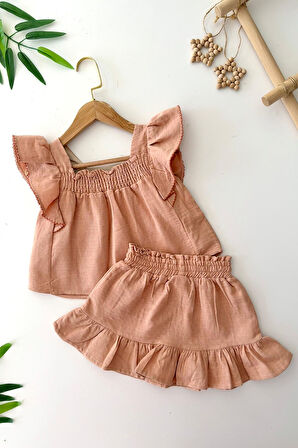 Miniğimin Cicileri Müslin Çiçek İşleme Detaylı Fırfırlı Kız Çocuk 2 li Takım - Kahve