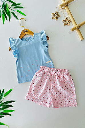 Miniğimin Cicileri Kalp Baskılı Fırfır Detaylı Kız Bebek 2 li Takım - Mavi