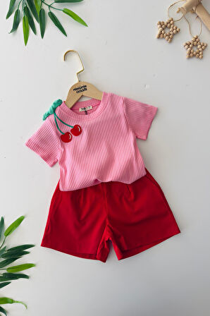 Miniğimin Cicileri Kiraz Detaylı Kız Çocuk Gabardin Şortlu Takım - Pembe