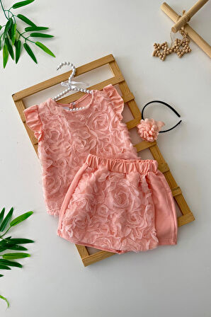 Miniğimin Cicileri Kendinden Simli Gül Detaylı Kız Çocuk 3 lü Şort Etekli Takım - Somon