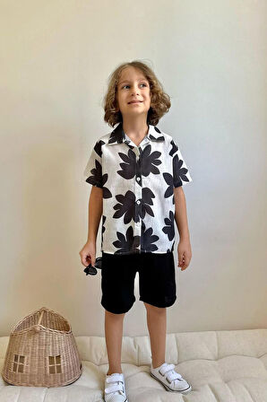 Miniğimin Cicileri Yaprak Desenli Müslin Şortlu Erkek Çocuk Takım - Siyah