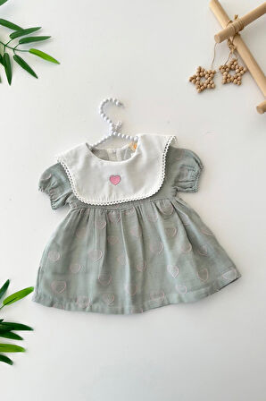 Miniğimin Cicileri Kalp Detaylı Yakalı Kız Bebe Astarlı Elbise - Yeşil